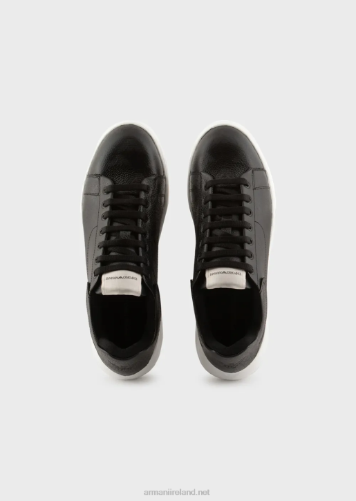 Men 086V1866 Leather Sneakers With Moss-Stitch All-Over Eagle Armani Black