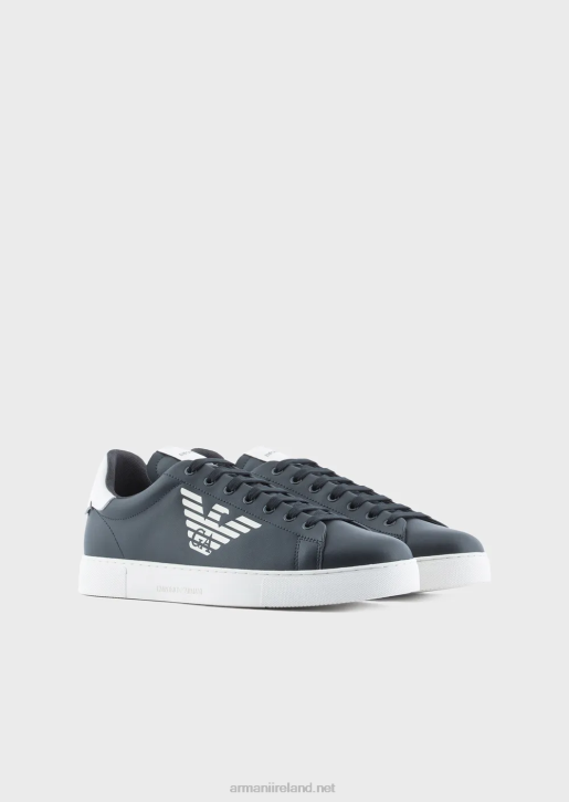 Men 086V1878 Shiny Leather Sneakers With Oversized Eagle Logo Armani Navy Blue