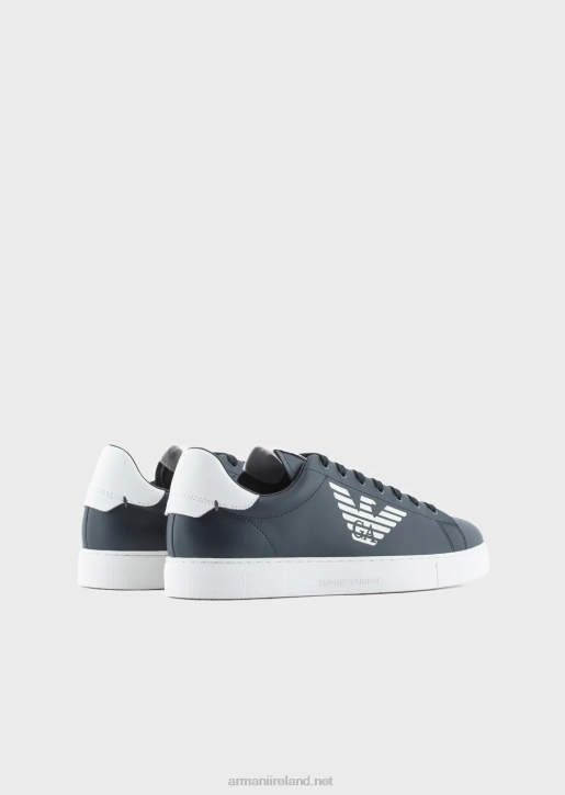 Men 086V1878 Shiny Leather Sneakers With Oversized Eagle Logo Armani Navy Blue