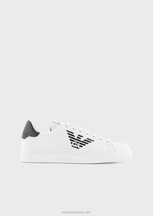 Men 086V1879 Shiny Leather Sneakers With Oversized Eagle Logo Armani White
