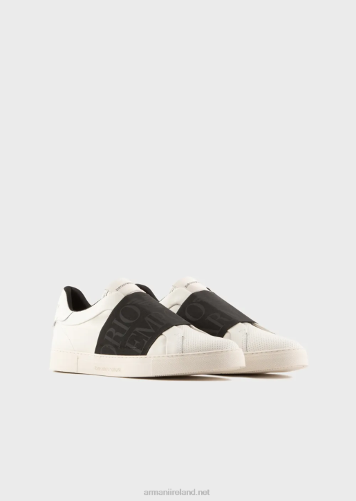 Men 086V1880 Leather Sneakers With Logo Elastic Band Armani Bianco E Nero