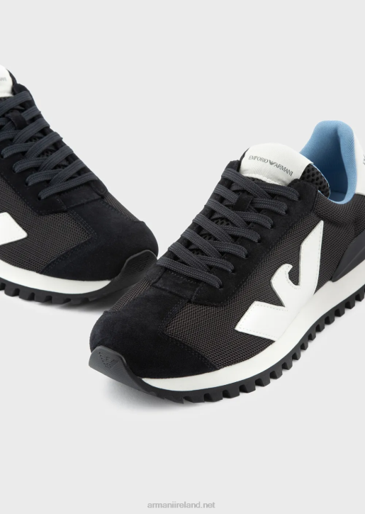 Men 086V1890 Suede And Mesh Sneakers With Oversized Eagle Armani Navy Blue