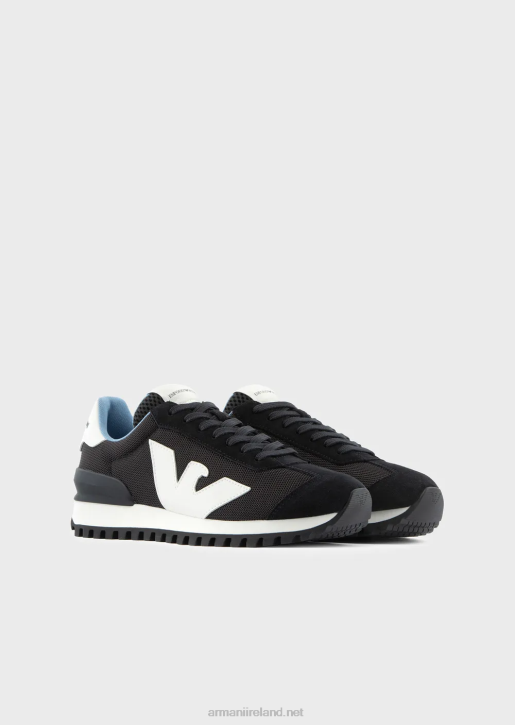 Men 086V1891 Suede And Mesh Sneakers With Oversized Eagle Armani Black