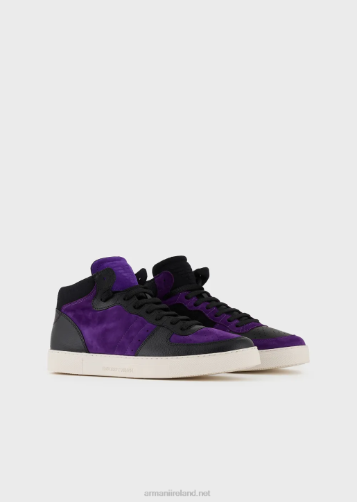 Men 086V1896 Reloaded By Emporio Armani Leather And Suede High-Top Sneakers Armani Sustainability ValuesPurple