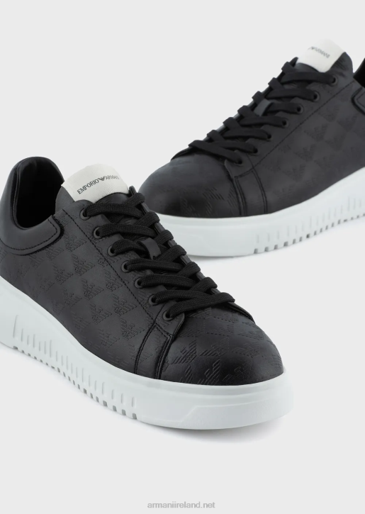 Men 086V1904 Leather Sneakers With All-Over Eagle Logo Armani Black