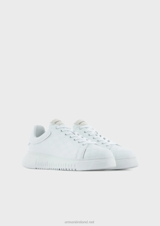 Men 086V1905 Leather Sneakers With All-Over Eagle Logo Armani White