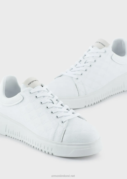 Men 086V1905 Leather Sneakers With All-Over Eagle Logo Armani White