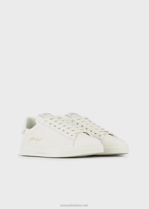 Men 086V1922 Leather Sneakers With Gold Signature Logo Armani White