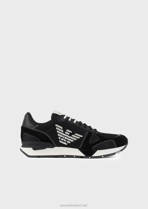 Men 086V1926 Suede Sneakers With Mesh-Nubuck Inserts And Side Eagle Armani Black Logo