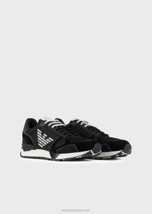 Men 086V1926 Suede Sneakers With Mesh-Nubuck Inserts And Side Eagle Armani Black Logo