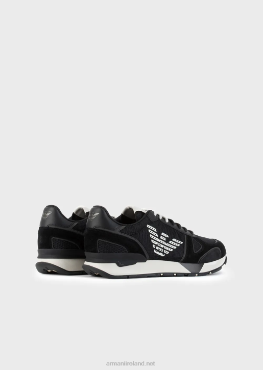 Men 086V1926 Suede Sneakers With Mesh-Nubuck Inserts And Side Eagle Armani Black Logo