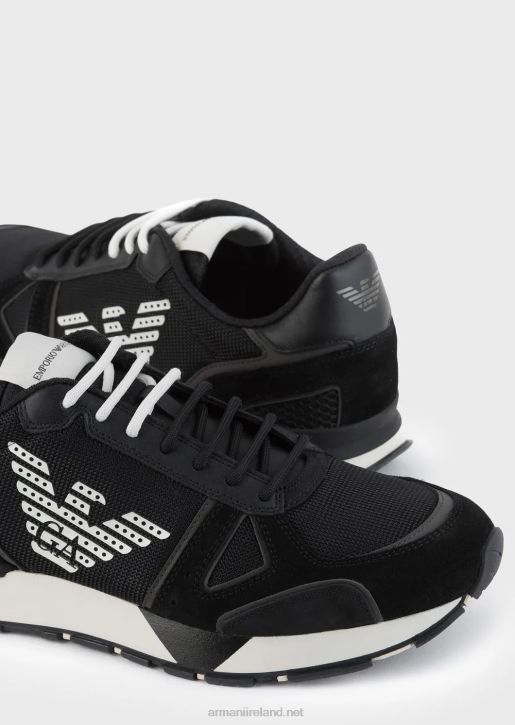 Men 086V1926 Suede Sneakers With Mesh-Nubuck Inserts And Side Eagle Armani Black Logo