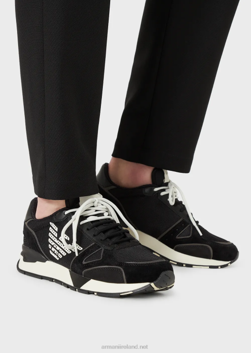 Men 086V1926 Suede Sneakers With Mesh-Nubuck Inserts And Side Eagle Armani Black Logo