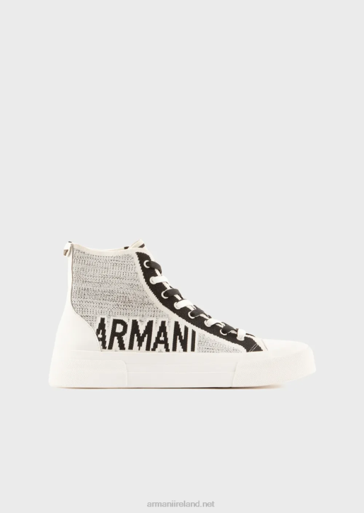 Men 086V1937 Recycled Knit High-Top Sneakers With Jacquard Logo Armani White