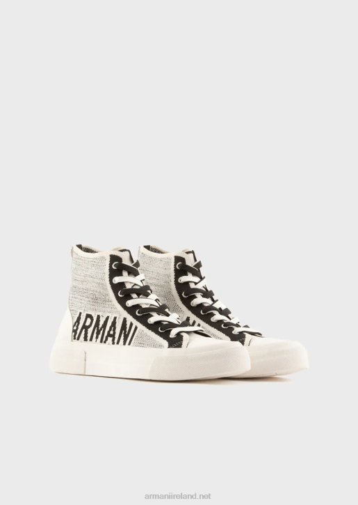 Men 086V1937 Recycled Knit High-Top Sneakers With Jacquard Logo Armani White