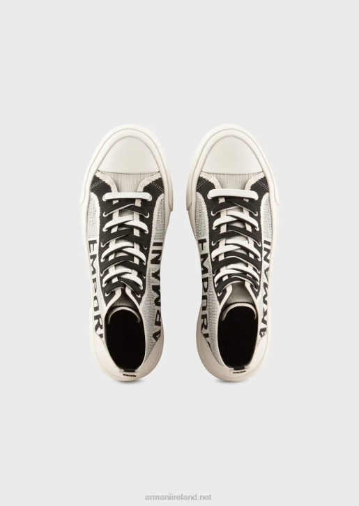 Men 086V1937 Recycled Knit High-Top Sneakers With Jacquard Logo Armani White