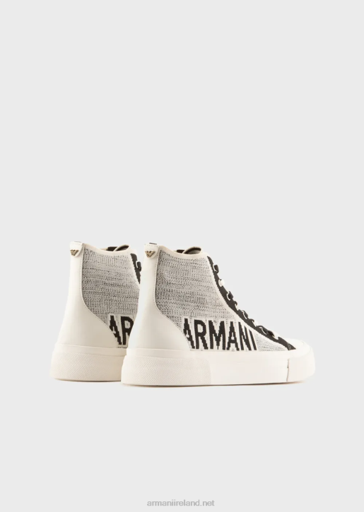 Men 086V1937 Recycled Knit High-Top Sneakers With Jacquard Logo Armani White
