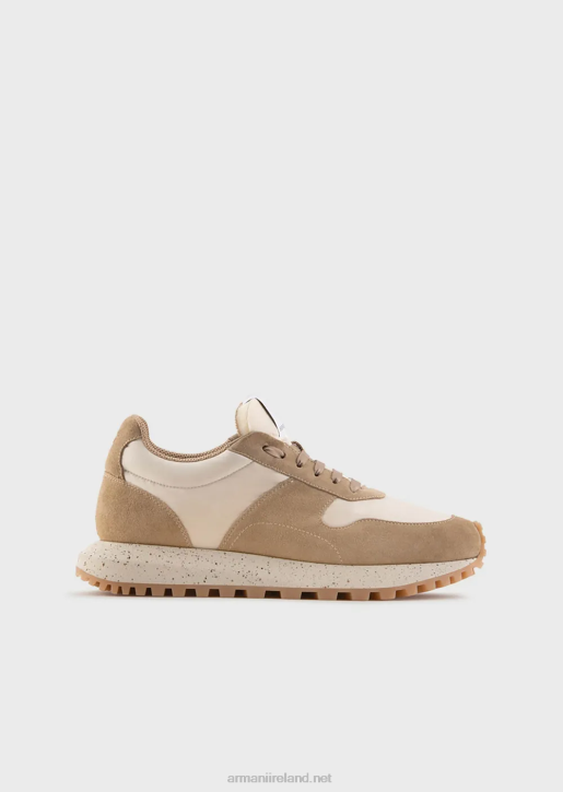 Men 086V1941 Sustainable Collection Crust Leather And Eco-Nylon Sneakers Armani Beige