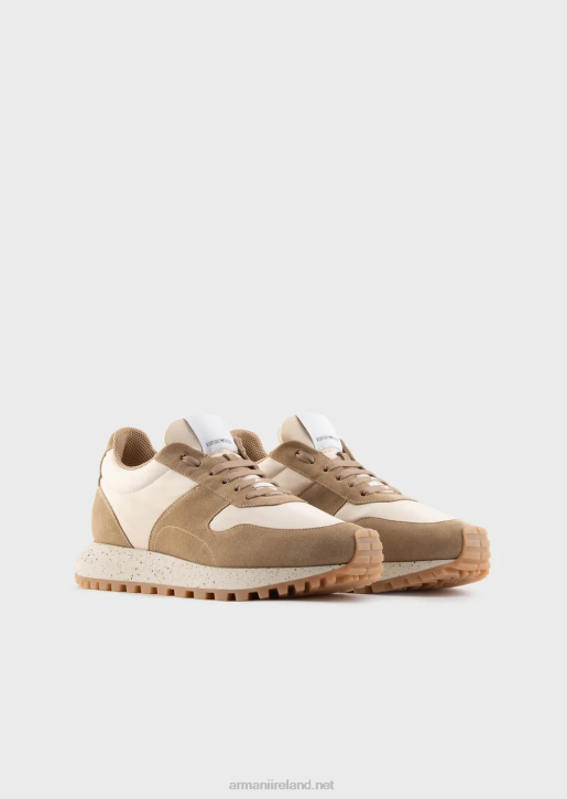 Men 086V1941 Sustainable Collection Crust Leather And Eco-Nylon Sneakers Armani Beige