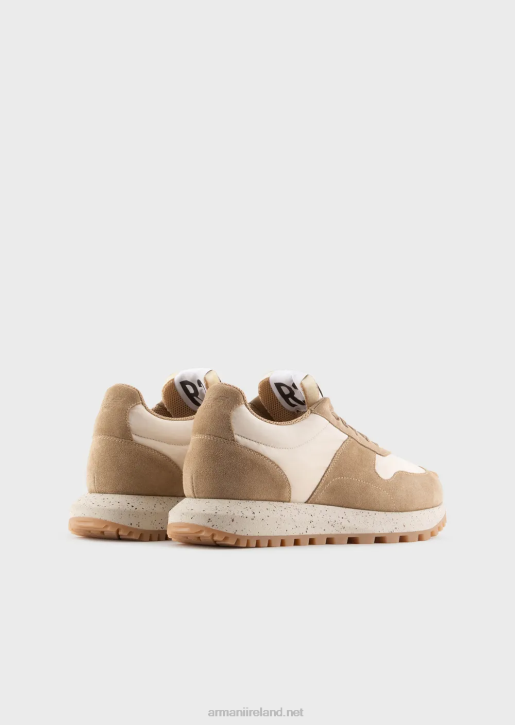 Men 086V1941 Sustainable Collection Crust Leather And Eco-Nylon Sneakers Armani Beige