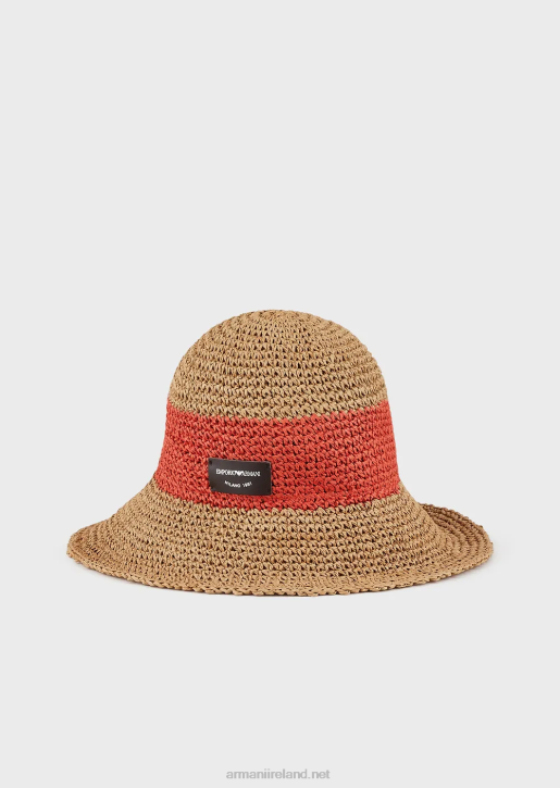 Women 086V772 Woven Raffia Cloche Hat With Logo Patch Armani Orange