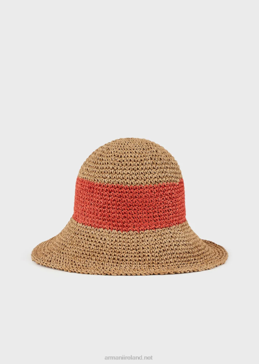 Women 086V772 Woven Raffia Cloche Hat With Logo Patch Armani Orange