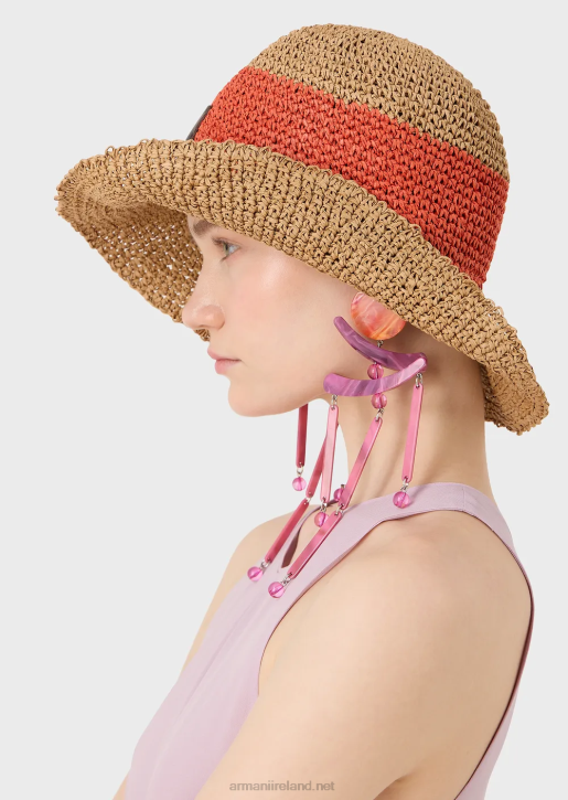 Women 086V772 Woven Raffia Cloche Hat With Logo Patch Armani Orange
