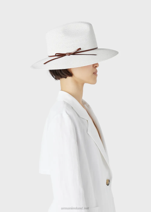 Women 086V776 Woven Paper-Yarn Hat With Leather Strap And Brim Armani