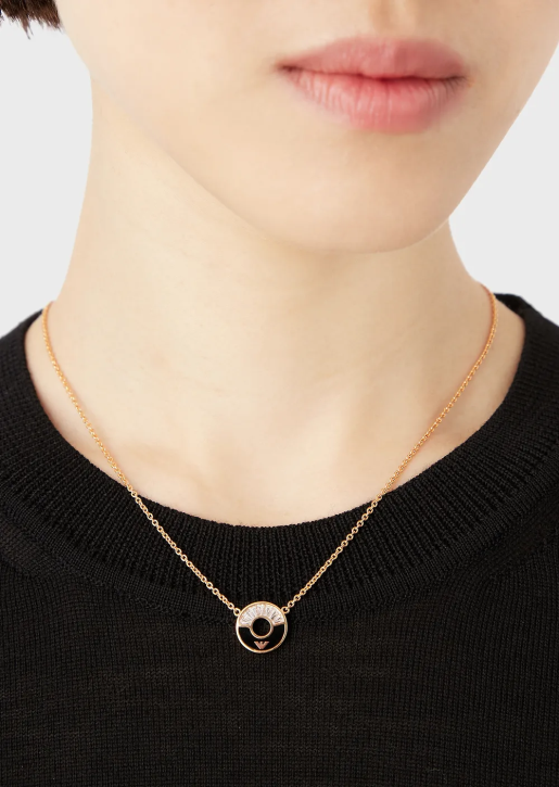 Women 086V840 Black Onyx Pendant Necklace Armani Rose Gold
