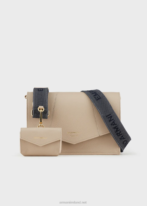 Women 086V611 Deerskin-Printed Leather Shoulder Bag With Card Holder Armani Beige