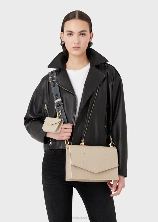 Women 086V611 Deerskin-Printed Leather Shoulder Bag With Card Holder Armani Beige