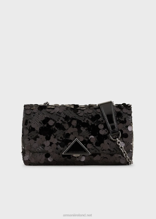 Women 086V619 Satin Clutch Bag With All-Over Sequins And Shoulder Strap Armani Black