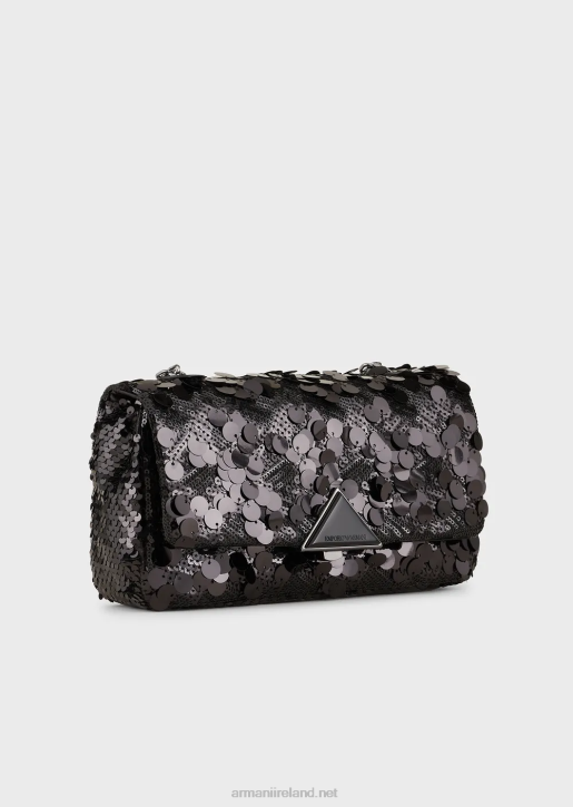 Women 086V619 Satin Clutch Bag With All-Over Sequins And Shoulder Strap Armani Black