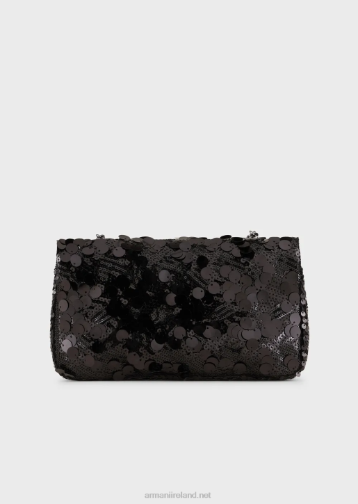 Women 086V619 Satin Clutch Bag With All-Over Sequins And Shoulder Strap Armani Black