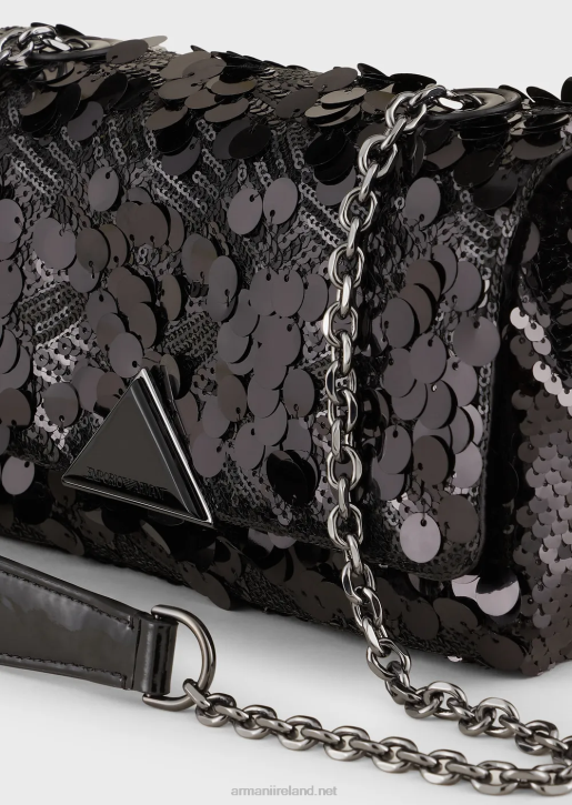 Women 086V619 Satin Clutch Bag With All-Over Sequins And Shoulder Strap Armani Black