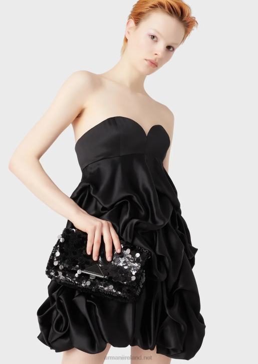 Women 086V619 Satin Clutch Bag With All-Over Sequins And Shoulder Strap Armani Black