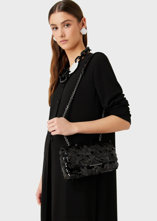 Women 086V619 Satin Clutch Bag With All-Over Sequins And Shoulder Strap Armani Black