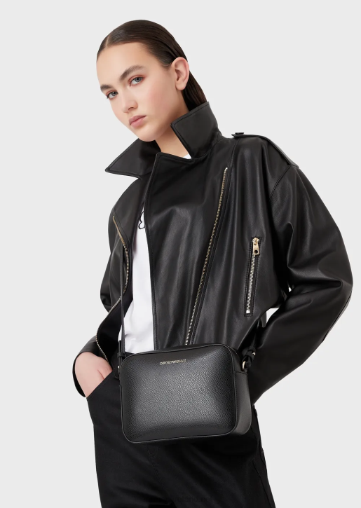 Women 086V629 Palmellato Leather-Finish Camera Case With Shoulder Strap Armani Black Logo