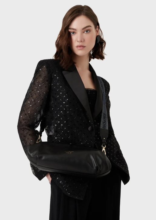 Women 086V638 Leather Oversized Clutch Bag With Shoulder Strap Armani Black