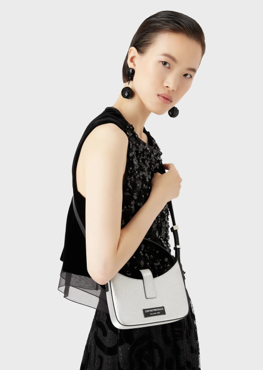 Women 086V639 Glitter-Fabric Mini Hobo Bag With Shoulder Strap Armani Silver/Crystal