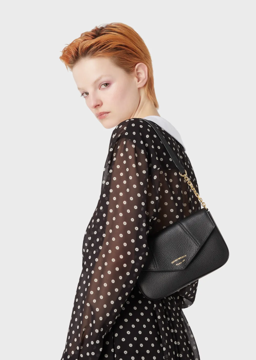 Women 086V640 Deer-Print Leather Shoulder Bag With Chain Strap Armani Black