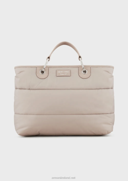 Women 086V669 Medium Myea Shopper Bag In Quilted, Recycled Nylon Armani Beige