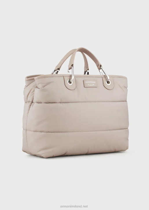 Women 086V669 Medium Myea Shopper Bag In Quilted, Recycled Nylon Armani Beige