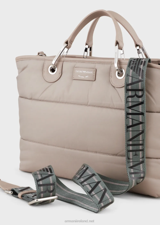 Women 086V669 Medium Myea Shopper Bag In Quilted, Recycled Nylon Armani Beige