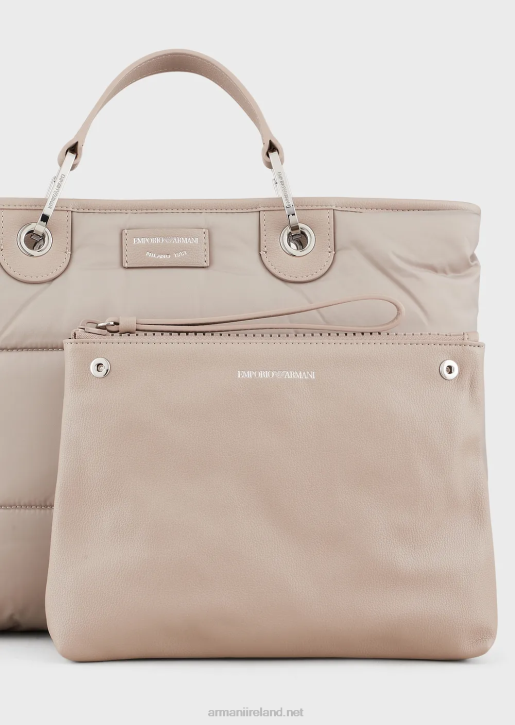 Women 086V669 Medium Myea Shopper Bag In Quilted, Recycled Nylon Armani Beige