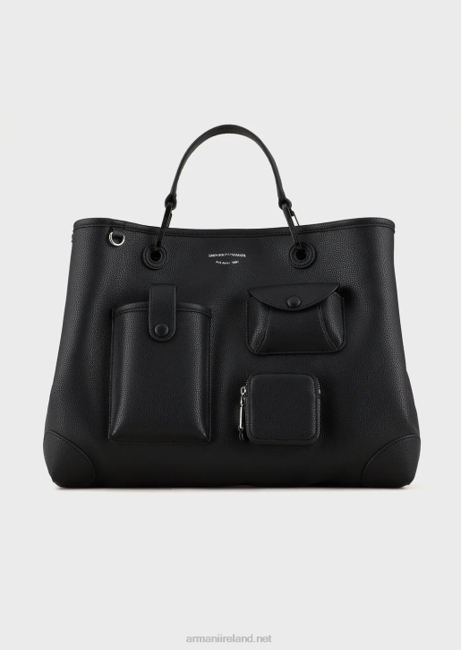 Women 086V702 Medium Multi-Pocketed Myea Shopper Bag With Deer Print Armani Black