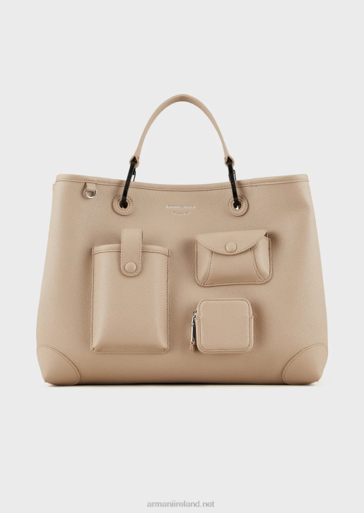 Women 086V703 Medium Multi-Pocketed Myea Shopper Bag With Deer Print Armani Beige