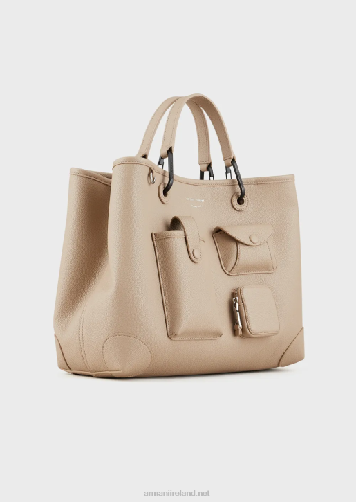 Women 086V703 Medium Multi-Pocketed Myea Shopper Bag With Deer Print Armani Beige