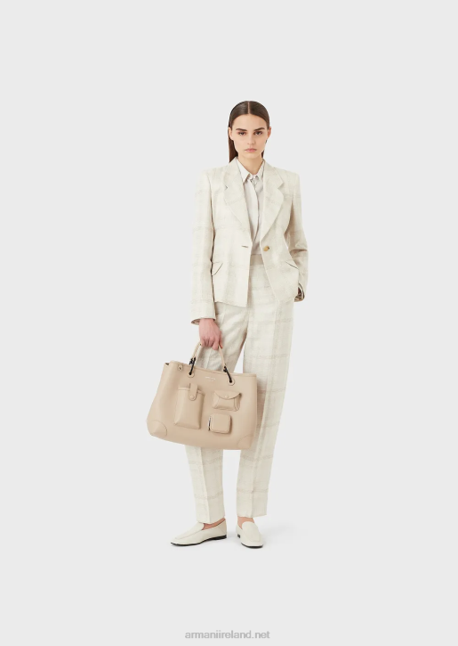 Women 086V703 Medium Multi-Pocketed Myea Shopper Bag With Deer Print Armani Beige