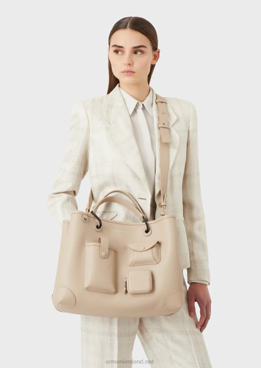 Women 086V703 Medium Multi-Pocketed Myea Shopper Bag With Deer Print Armani Beige